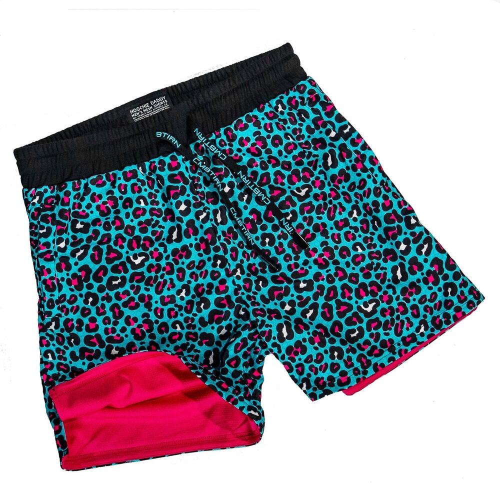 Men's Athletic Swim Shorts in Teal Leopard Print with Pink Liner